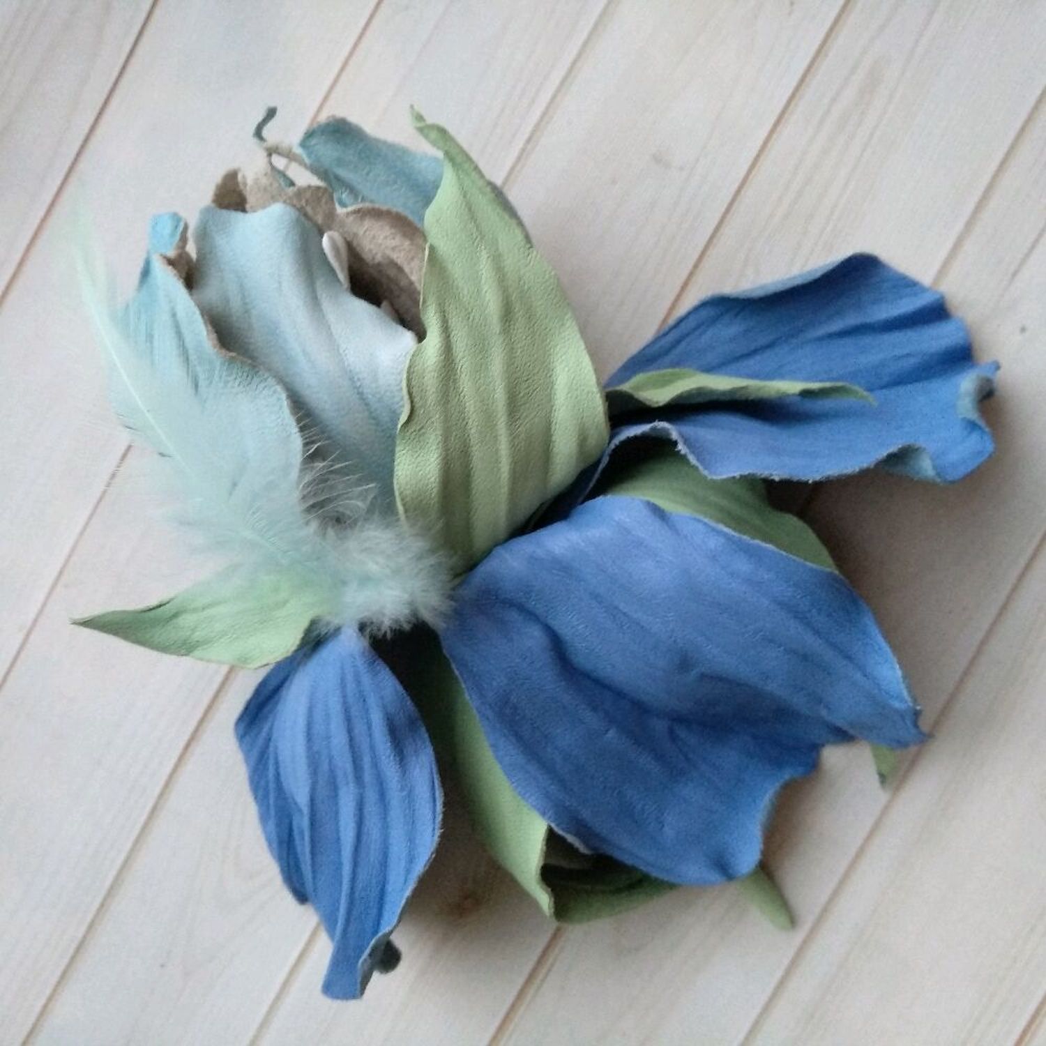 Photo №1 к отзыву покупателя ArigatouShop (Anna Ogurtsova) о товаре Брошь цветок Ирис Райский сад. небесно голубой и мятный