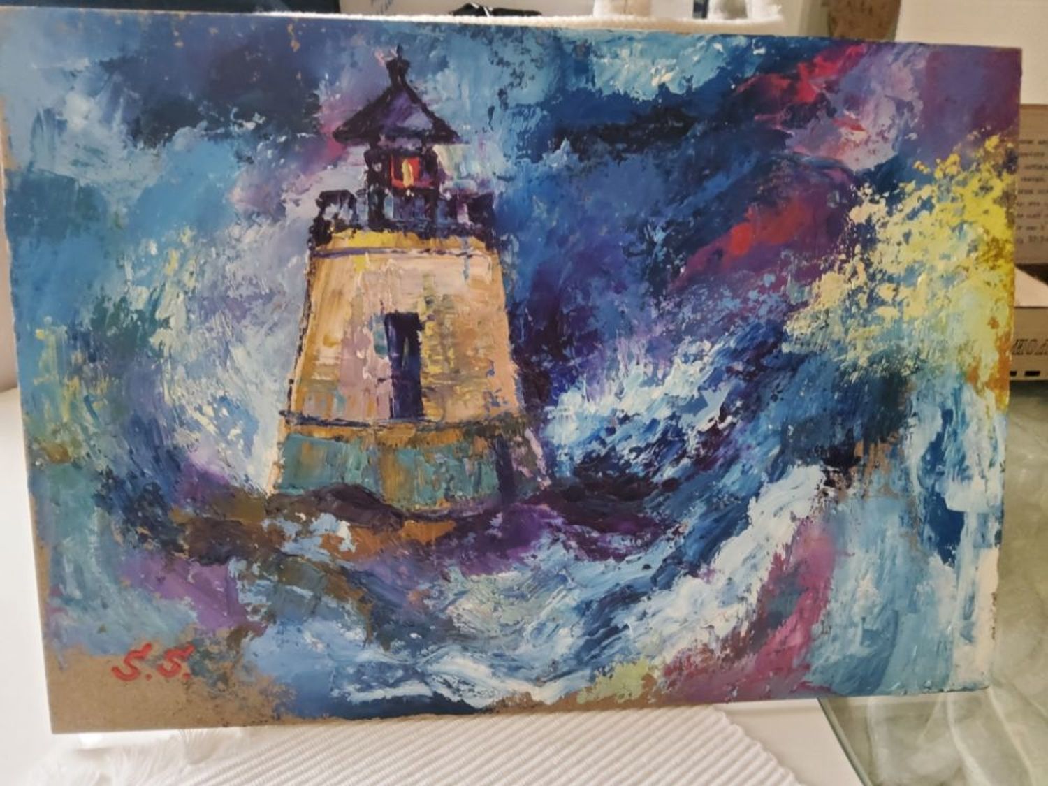 Фото №1 к отзыву покупателя Alyona о товаре Картина маслом морской пейзаж с маяком абстракция