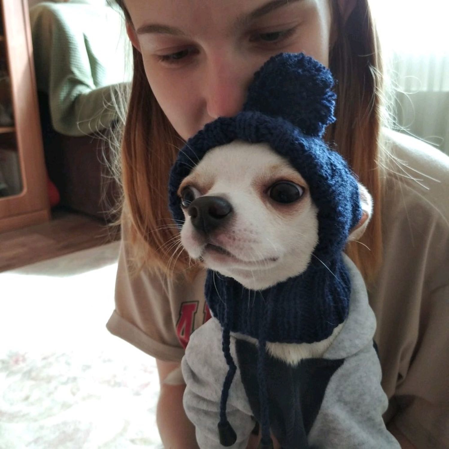 Photo №1 к отзыву покупателя Ekaterina Venskaya о товаре Шапка-шлем для маленькой собачки