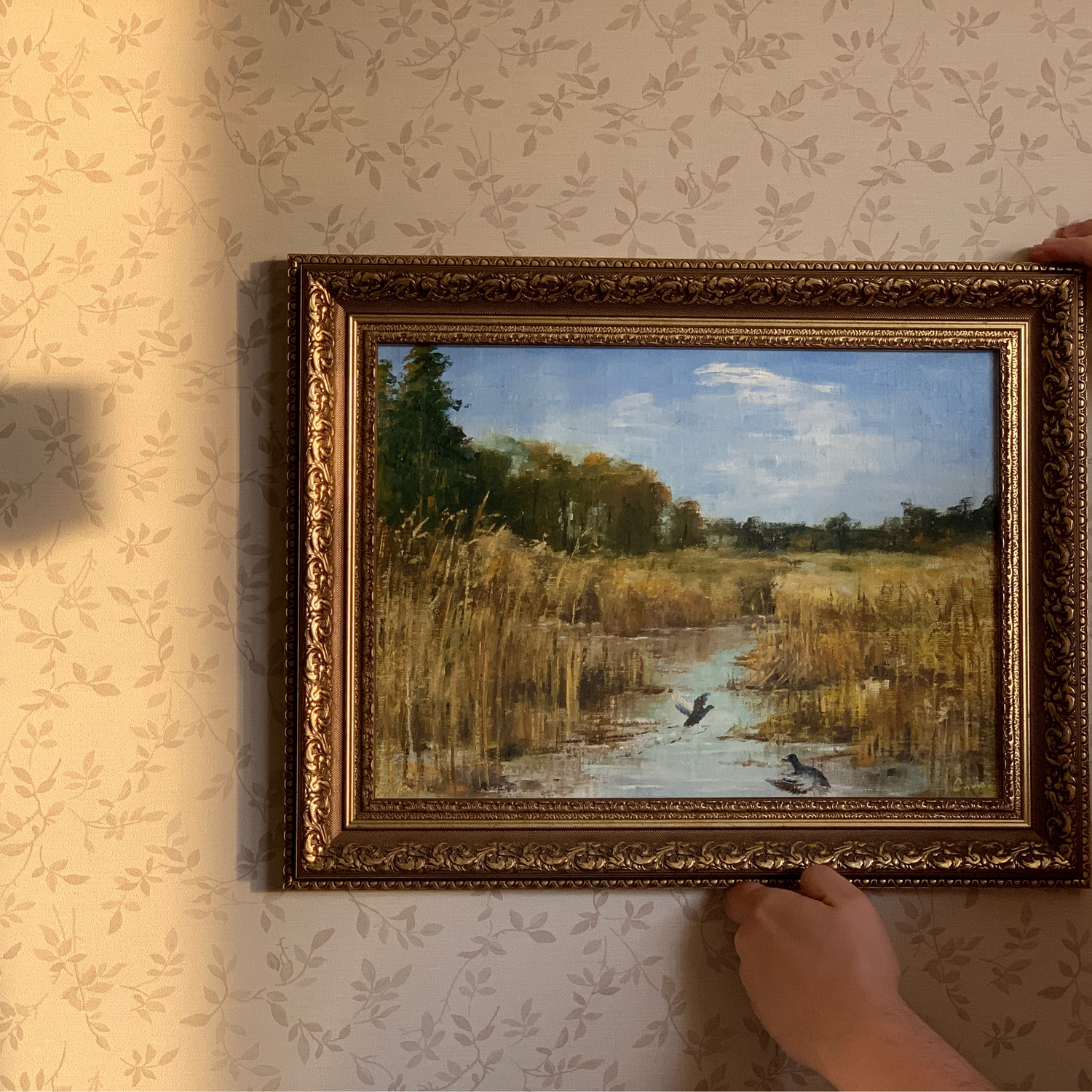Photo №1 к отзыву покупателя Natalya о товаре Картина масло картон Утки на болоте (пейзаж, бежевый,голубой)