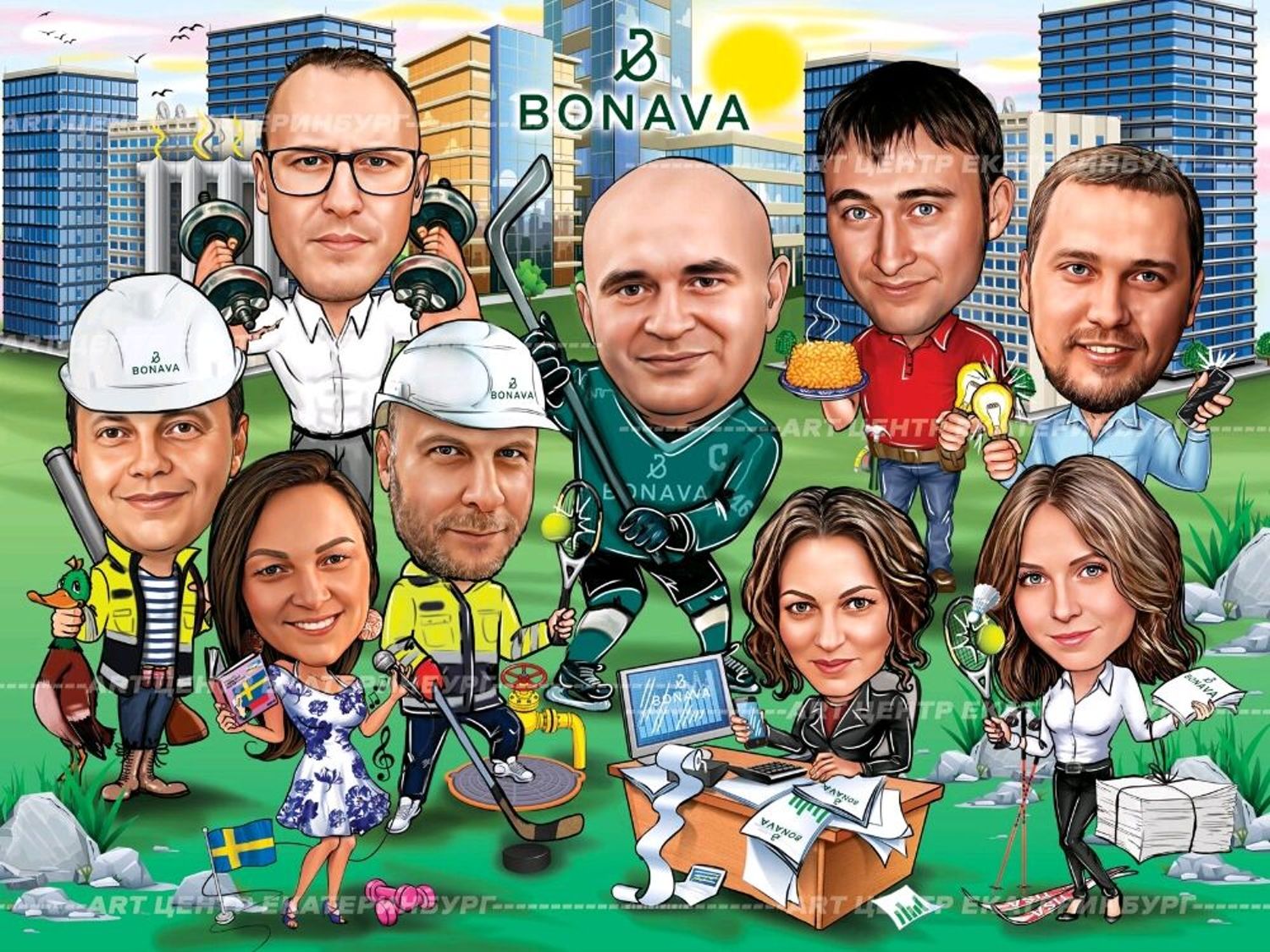 Фото №1 к отзыву покупателя scrap_pineaplle о товаре Шарж для компании, подарок на новый год, подарок руководителю