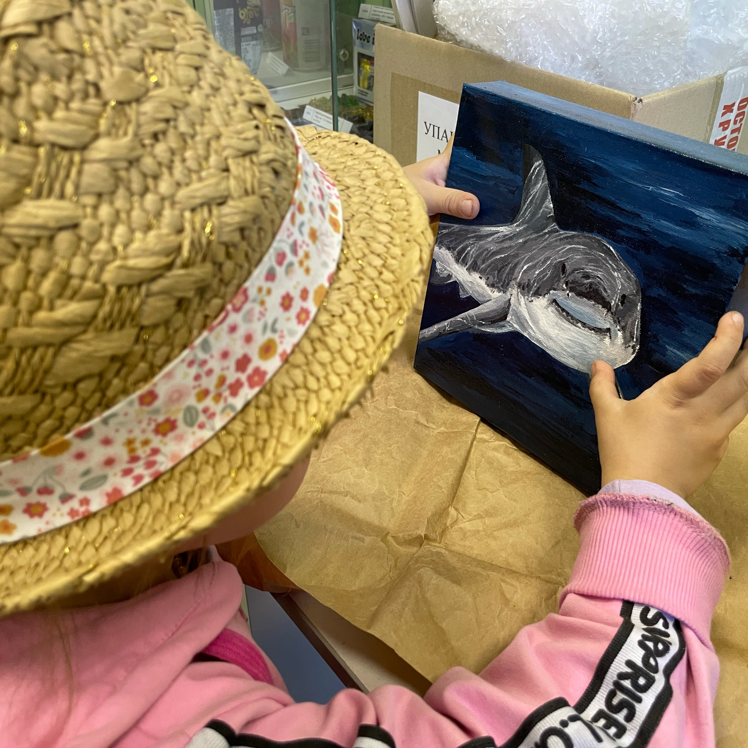 Фото №1 к отзыву покупателя Ирина Баландина о товаре "Улыбка" Картина акрилом на холсте, большая белая акула.