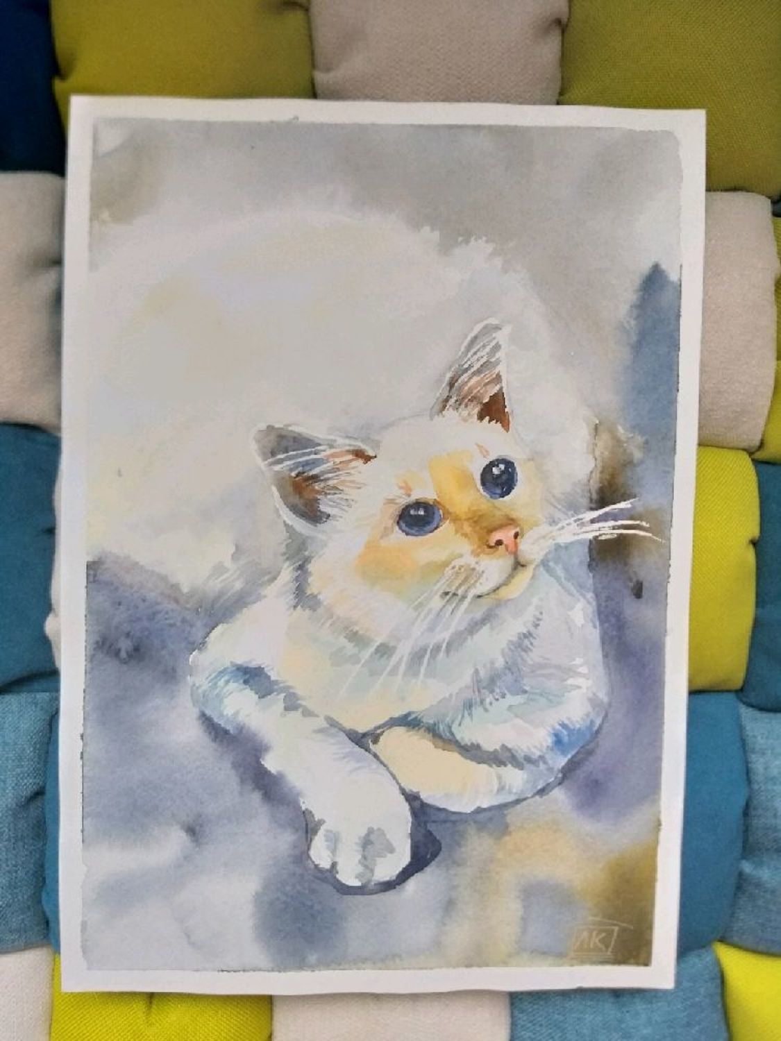 Фото №2 к отзыву покупателя Оксана Борзунова о товаре Акварельная картина  "Белая кошка"