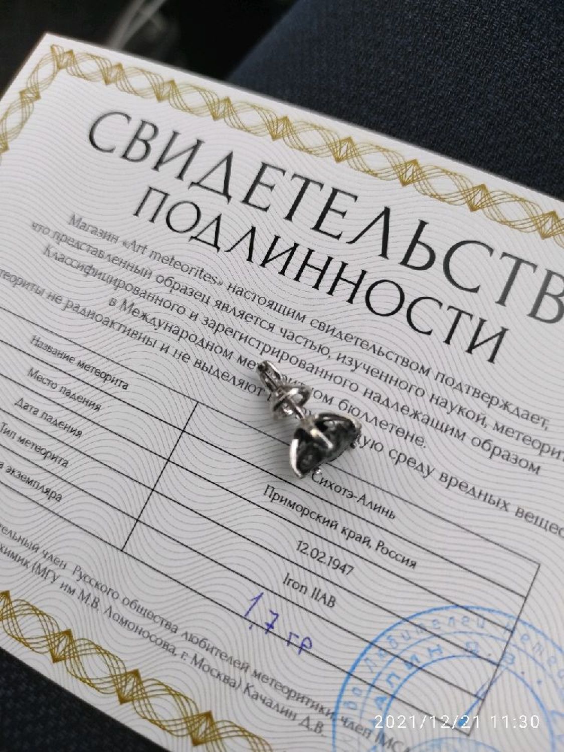 Фото №1 к отзыву покупателя Egor Izenev о товаре Одиночная серьга: с осколком метеорита Сихотэ Алинь