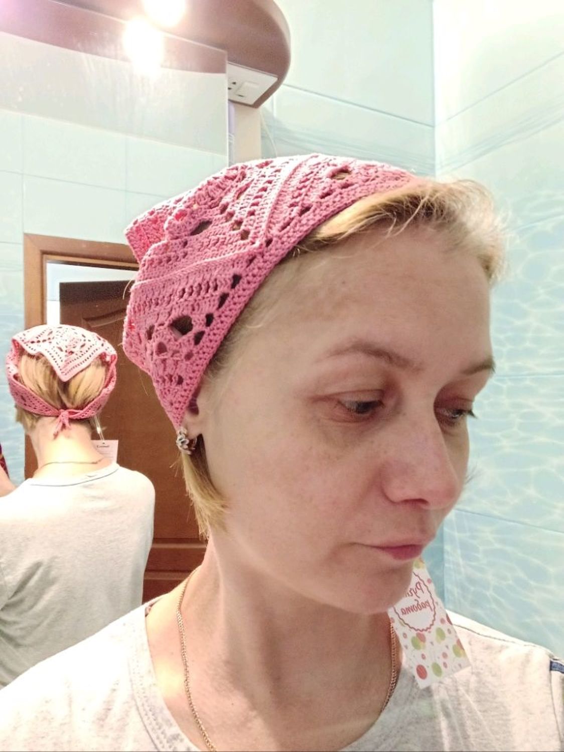 Фото №2 к отзыву покупателя Оксана о товаре Косынка вязаная розовая летняя из 100% хлопка