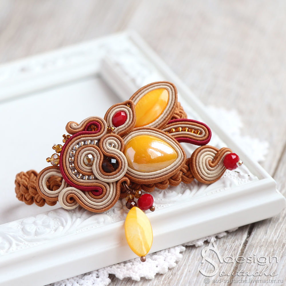 Sewing Soutache ''Honey'' Bracelet on Braided Strap: DIYs в
