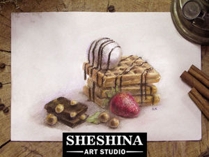 Как нарисовать сухой пастелью вкусные вафли с шоколадом, мороженым и клубникой