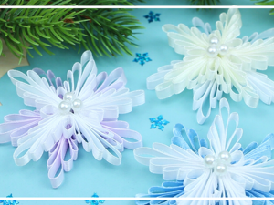 Простые снежинки из лент канзаши МК DIY Simple Snowflake Hairclip МойМК