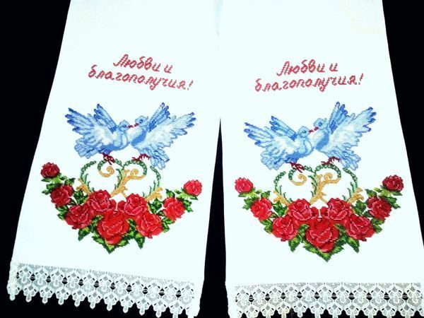 Варианты вышивки свадебных голубей на рушнике