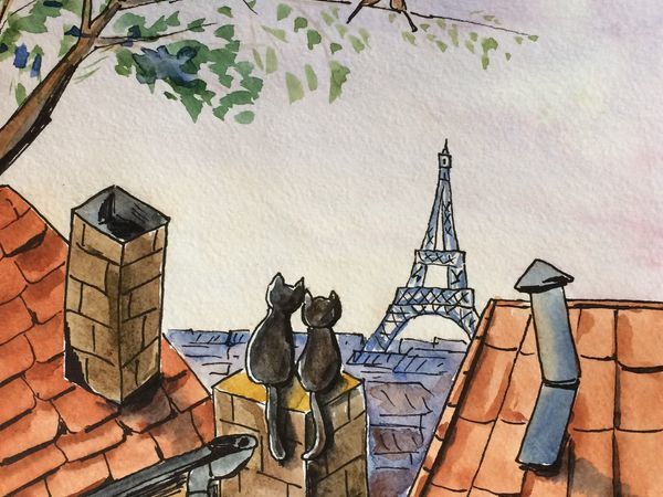 Акварельный рисунок «Романтичные котики» | Ярмарка Мастеров - ручная работа, handmade