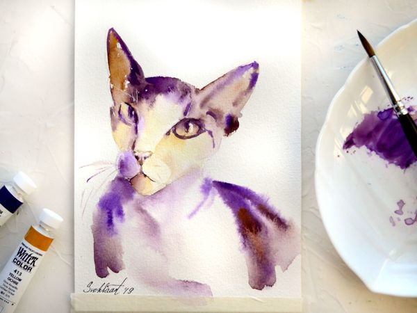 Sphynx Cat Watercolour Drawing | Ярмарка Мастеров - ручная работа, handmade