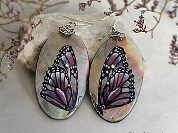 Earrings with Butterflies: How to Paint on Nacre | Ярмарка Мастеров - ручная работа, handmade