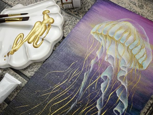 Создаем медузу акриловыми красками на холсте. Интерьерная живопись | Ярмарка Мастеров - ручная работа, handmade