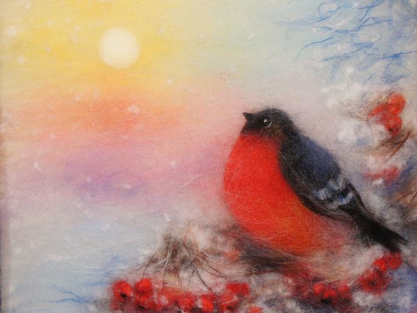 Creating a Snowbird Picture in the Wool Watercolour Technique | Livemaster - handmade