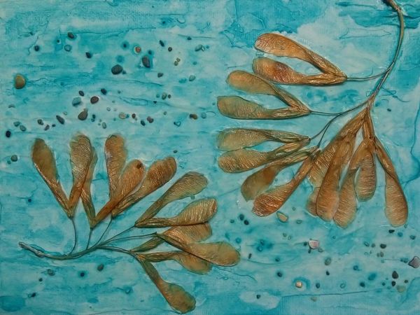 Осенние лютики на голубом фоне. Объемная картина с гербарием в бирюзовых тонах | Ярмарка Мастеров - ручная работа, handmade