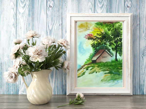 Картина акварелью «Домик в лесу» | Ярмарка Мастеров - ручная работа, handmade