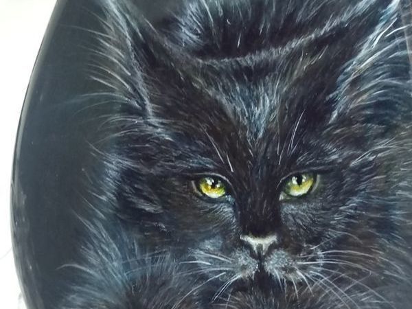 Лютик – черный кот с золотыми глазами - миниатюра на камне. | Ярмарка Мастеров - ручная работа, handmade