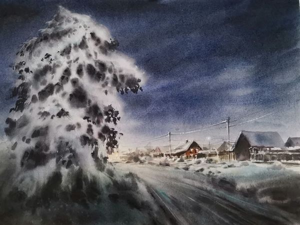 Пишем акварелью: «Зимняя ночь в деревне» | Ярмарка Мастеров - ручная работа, handmade