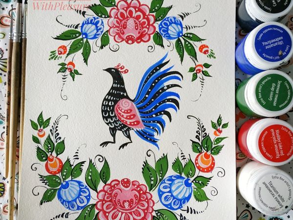 Как нарисовать птицу в хохломской росписи карандашами, красками поэтапно?