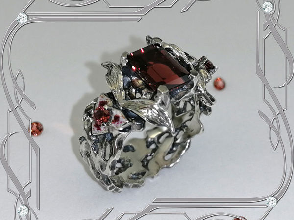 Кольцо «Красота- Vintage- black» серебро 925, гранаты, эмаль | Ярмарка Мастеров - ручная работа, handmade