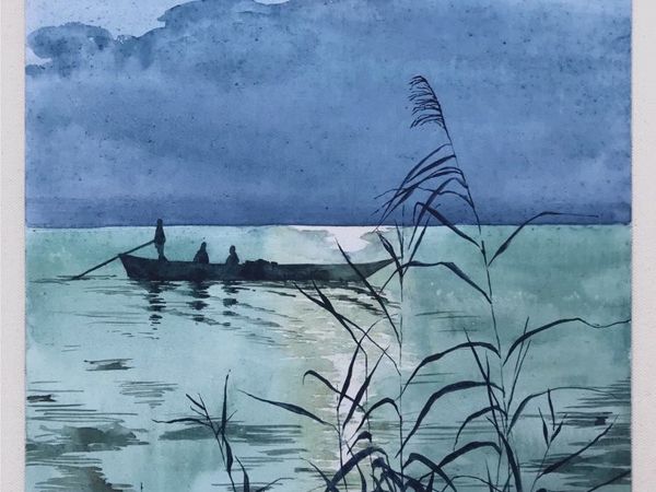 Рисуем картину акварелью, Рыбацкая лодка в лунном свете | Ярмарка Мастеров - ручная работа, handmade