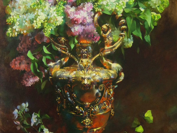 Painting Lilac in a Golden Vase in the Layered Flemish Technique | Ярмарка Мастеров - ручная работа, handmade