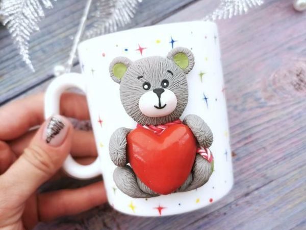 «Мишка» из полимерной глины на кружке | Ярмарка Мастеров - ручная работа, handmade