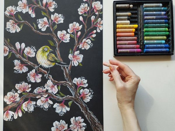 Рисуем масляной пастелью  «Цветение сакуры» | Ярмарка Мастеров - ручная работа, handmade