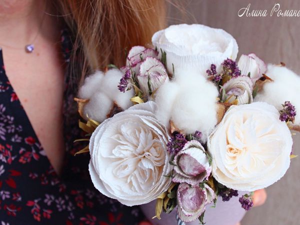 Video Tutorial: How to Make a Floral Arrangement of Cotton Bolls, Oregano, and Paper Roses | Livemaster - handmade