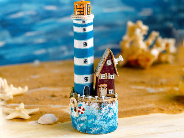 Морской островок с синим маяком. дрифтвуд | Ярмарка Мастеров - ручная работа, handmade