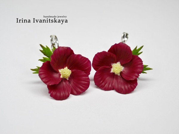 Серьги с цветами мальвы в цвете марсала | Ярмарка Мастеров - ручная работа, handmade