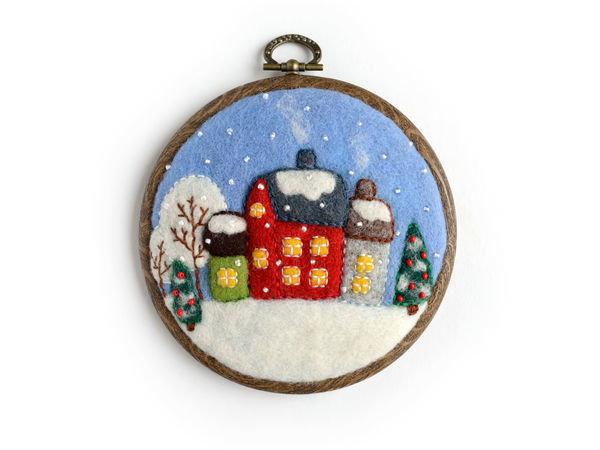 Creating a Miniature Winter Picture with Felted Snowfall and Embroidered Village | Livemaster - handmade