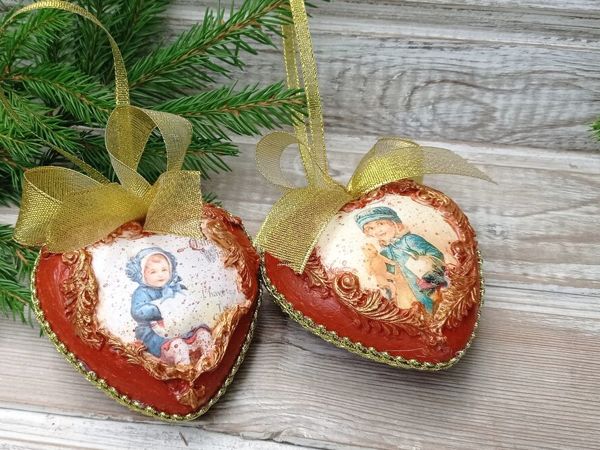 Ёлочные игрушки в винтажном стиле. — сердечки | Ярмарка Мастеров - ручная работа, handmade